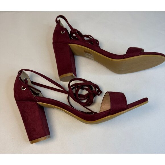 Allegra K Women's Size 9 Burgundy Open Toe Lace Up Chunky High Heel Sandals - Picture 7 of 11